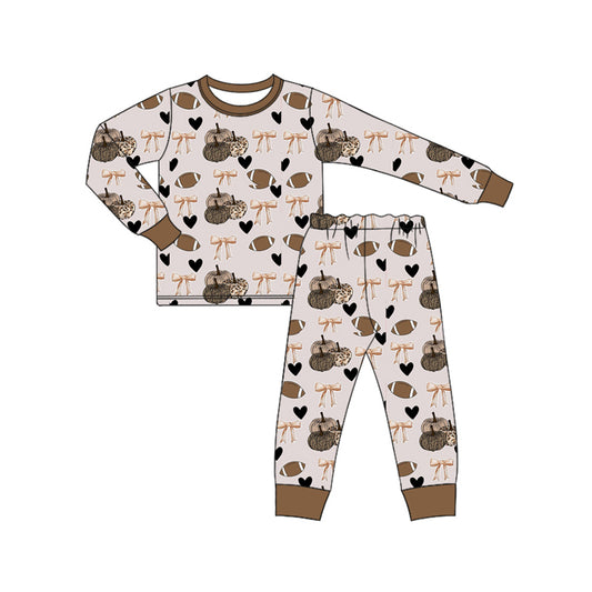 Preorder (moq 5)Baby Boys Lavender Long Sleeves Footballs Bows Pumpkins Top Pant Pajamas Set