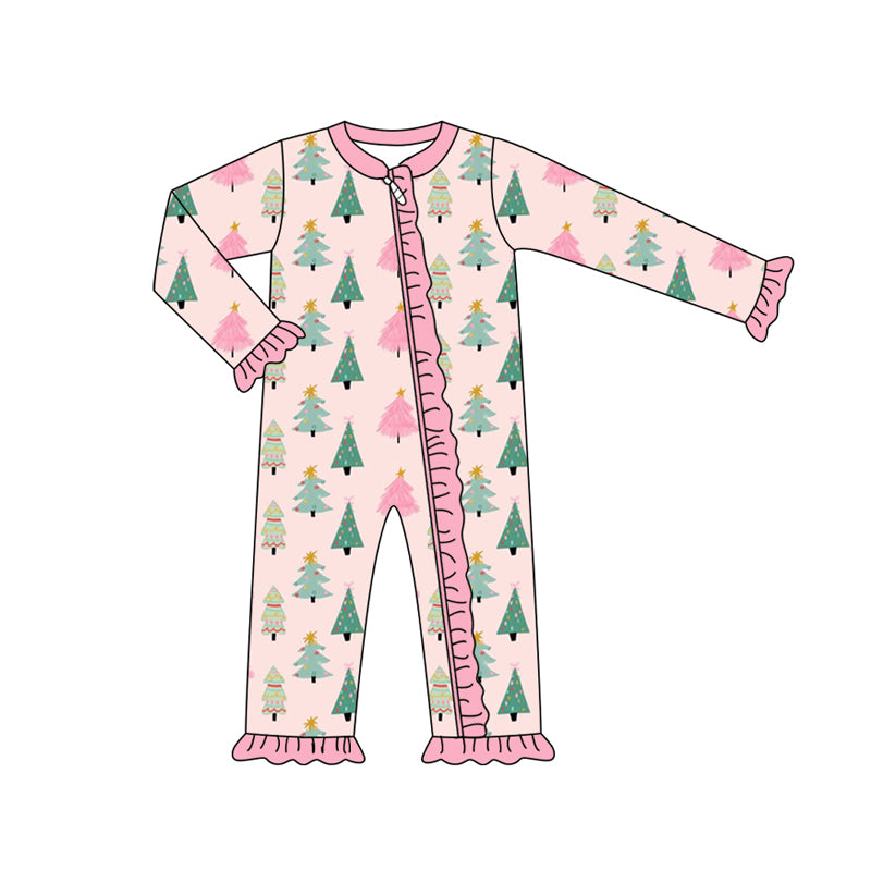 Preorder (moq 5)Baby Girls Pink Long Sleeves Colorful Trees Plaid Ruffle Zipper Romper