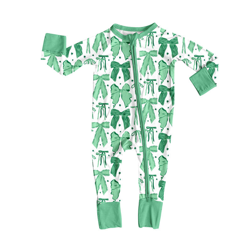 Preorder (moq 8)Baby Girls Green Bows Stars Zipper Footie Rompers
