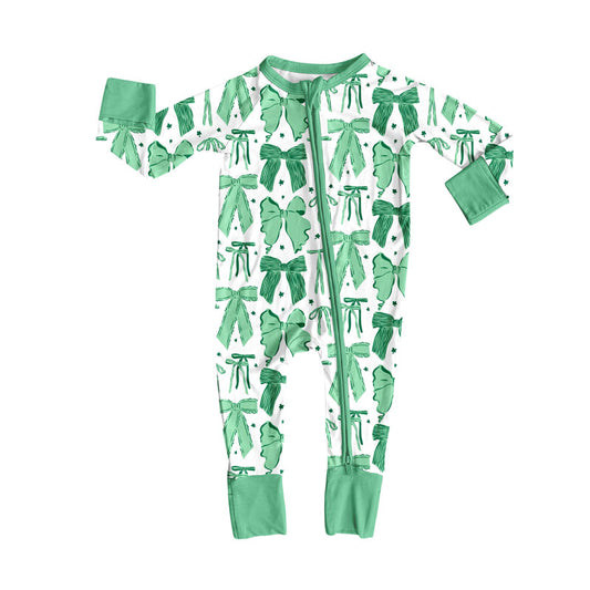 Preorder (moq 8)Baby Girls Green Bows Stars Zipper Footie Rompers