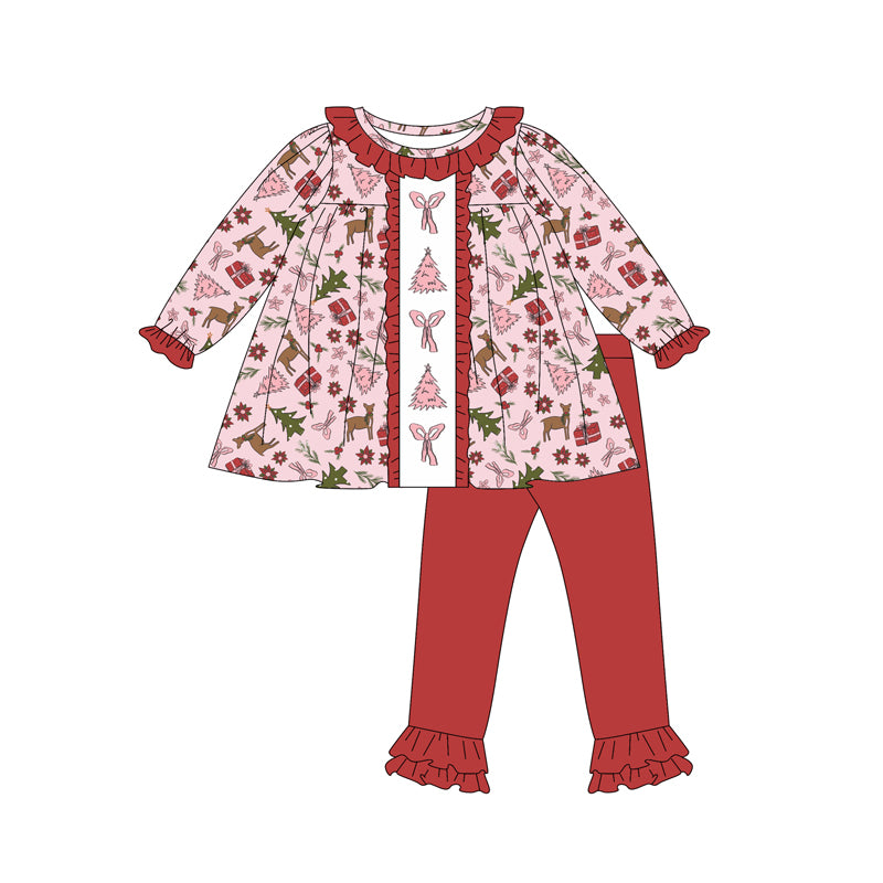 Preorder (moq 5)Baby Girls Long Sleeves Pink Bows Trees Deer Tunic Ruffle Pant Clothes Set