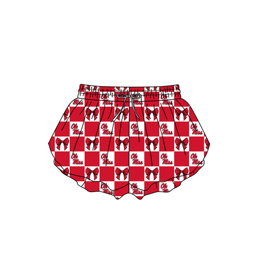 Preorder (moq 5)Baby Girls Ole Miss Bows Checked Team Ruffle Shorts Bottom