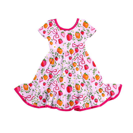 Preorder(moq 8)Baby Girls Short Sleeve Bows Strawberry Flowers Ruffle Knee Length Dress