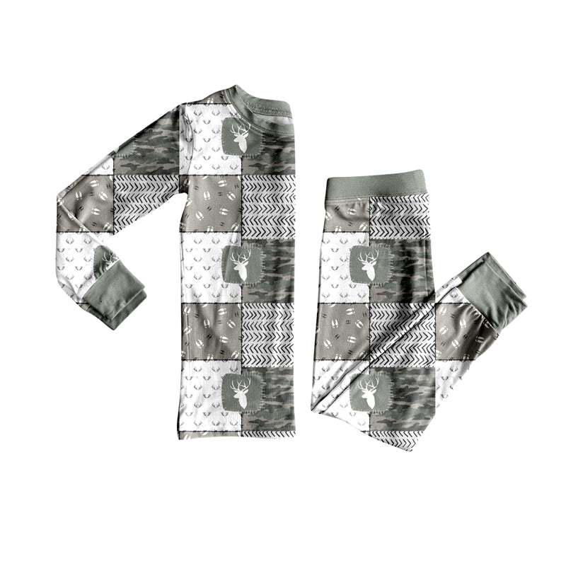 Preorder (moq 5)Baby Boys Gray Long Sleeves Deer Camo Plaid Top Pant Pajamas Set