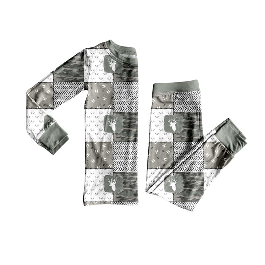 Preorder (moq 5)Baby Boys Gray Long Sleeves Deer Camo Plaid Top Pant Pajamas Set