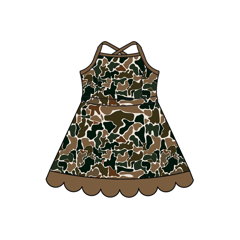 Preorder (moq 5)Baby Girls Strap Southern Dark Brown Camo Scallop Knee Length Dresses
