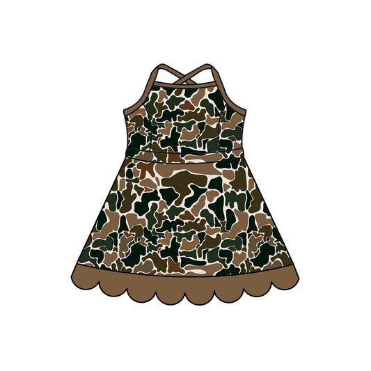 Preorder (moq 5)Baby Girls Strap Southern Dark Brown Camo Scallop Knee Length Dresses