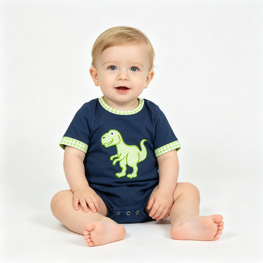 Embroidery Dinosaurs Baby Boys Navy Short Sleeve Rompers