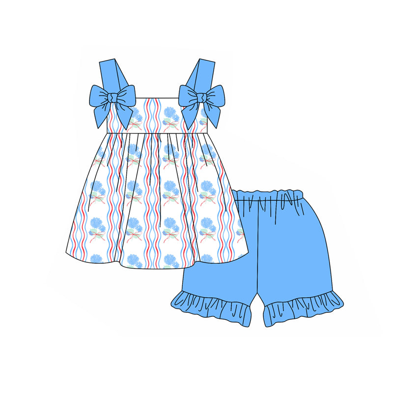 Preorder moq 5 Baby Girls Blue Strap Bows Flowers Tunic Ruffle Short Set
