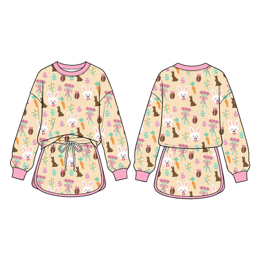 Preorder (moq 5) Baby Girl Clothes Easter Bunny Carrot Egg Mixed Print Long Sleeve Top Skirt Boutique Outfit Set