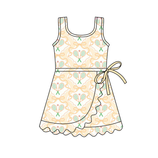 Preorder(moq 5) Baby Girls Sleeveless Yellow Bows Tennis Team Ruffle Knee Length Dresses