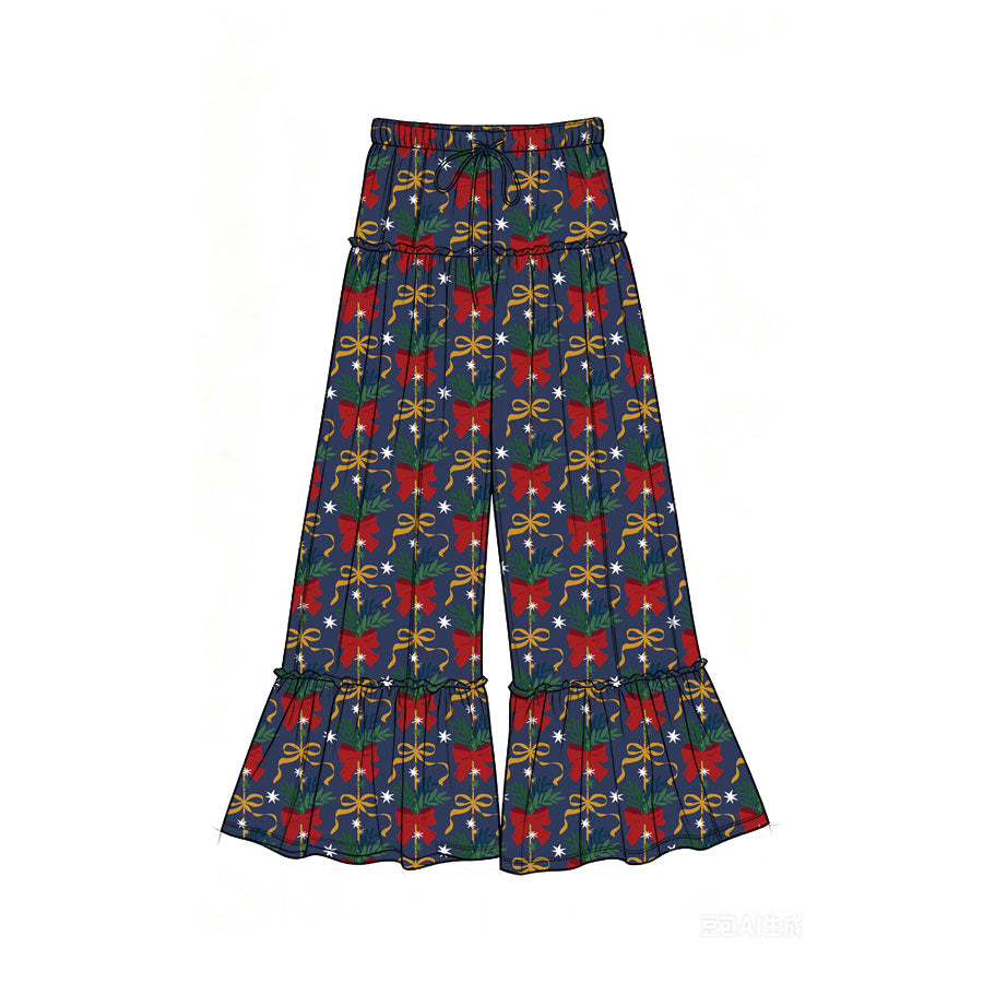 Preorder (moq 5)Baby Girls Bows Holly Christmas Bell Bottom Pants