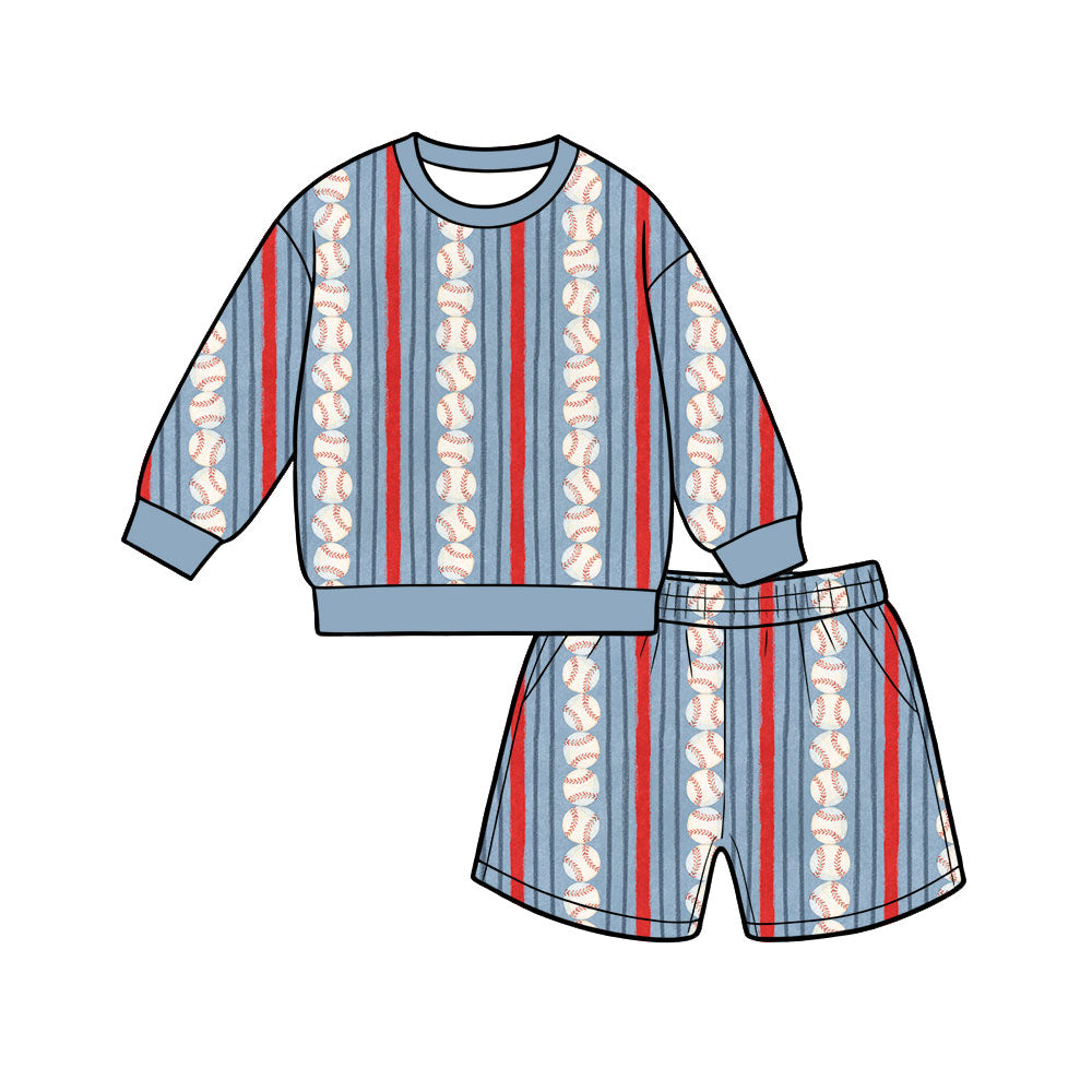 Preorder (moq 5) Baby Boy Clothes Baseball Stripe Print Long Sleeve Top Shorts Outfit Set