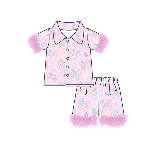 Preorder (moq 5)Baby Girls Flower Bows Eggs Button Top Shorts Easter Fur Pajamas Sets