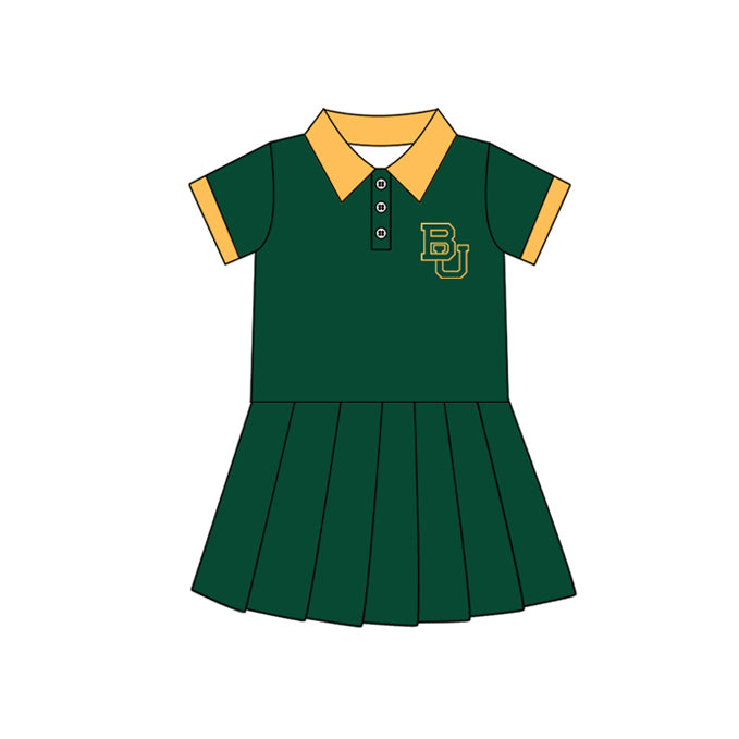 Preorder (moq 5)Baby Girls Green Short Sleeves Button BU Team Shorts Knee Length Dresses
