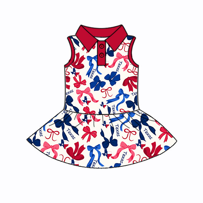 Preorder (moq 5)Baby Girls Sleeveless Red Blue Bows Plaid Texas Button Team Knee Length Dresses