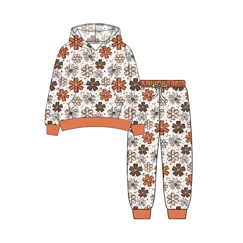 Preorder (moq 5)Baby Girls Long Sleeves Colorful Flowers Pockets Hoodie Pant Clothes Set