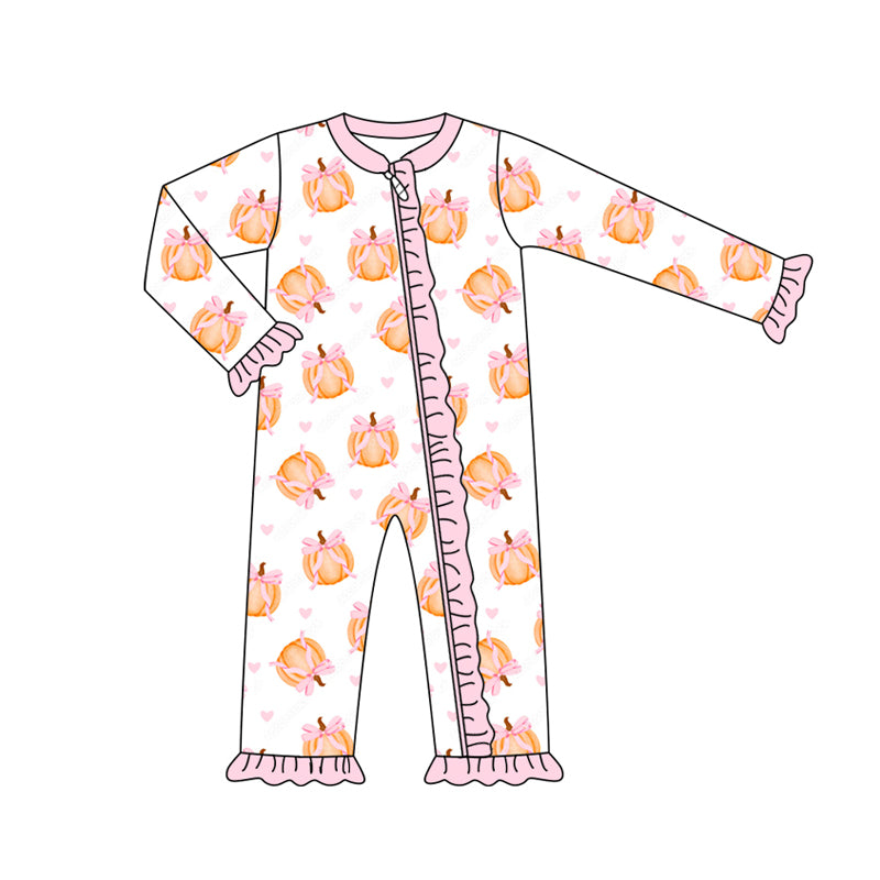 Preorder (moq 5)Baby Girls Long Sleeves Pink Bows Pumpkins Plaid Ruffle Zipper Romper