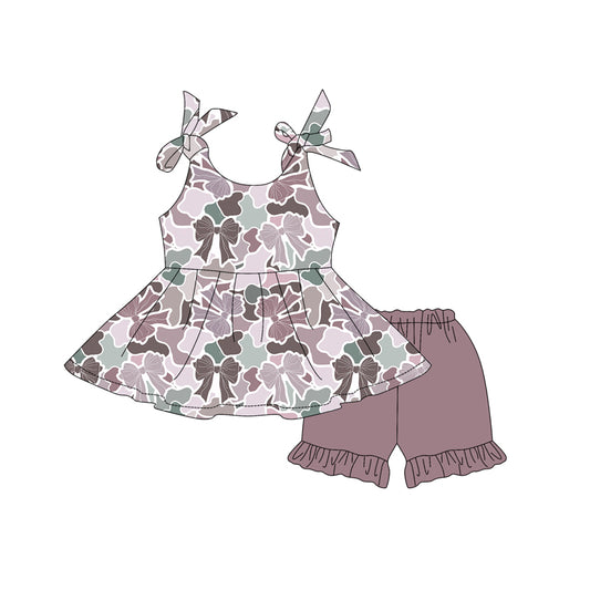 Preorder moq 5 Baby Girls Gray Camo Bows Sleeveless Tunic Ruffle Short Set