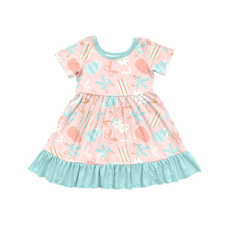 Preorder (moq 5)Baby Girls Short Sleeve Bows Eggs Easter Ruffle Knee Length Dresses