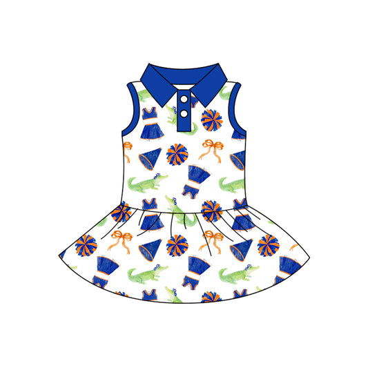 Preorder (moq 5)Baby Girls Sleeveless Bows Crocodiles Button Team Cheer Knee Length Dresses