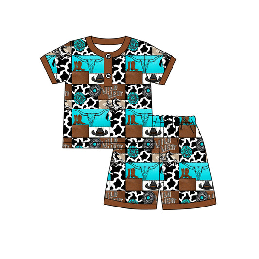 Preorder moq 5 Baby Boys Brown Short Sleeves Boots Cactus Button Top Short Pajamas Set