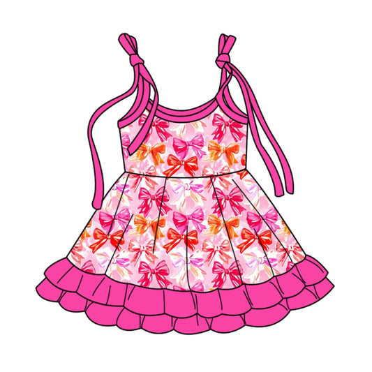 Preorder (moq 5)Baby Girls Strap Pink Bows Plaid Ruffle Knee Length Dresses