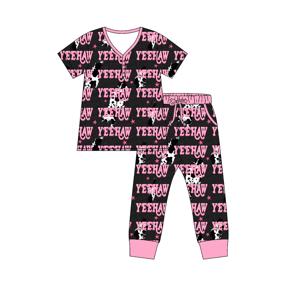 Preorder moq 5 Adult Short Sleeve Cow Print Lights Yeehaw Top Pockets Pants Western Pajamas Sets
