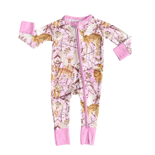 Preorder (moq 5) Baby Girl Clothes Winged Deer Pink Camo Mixed Print Long Sleeve Zipper Romper