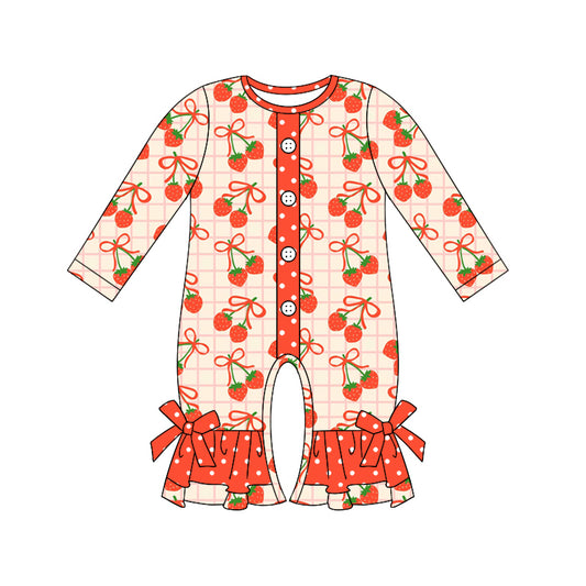 Preorder (moq 5)Baby Girls Orange Long Sleeves Bows Strawberry Button Ruffle Rompers