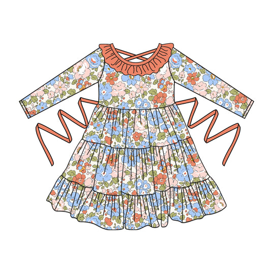 Preorder moq 5 Baby Girls Long Sleeves Peach Blue Floral With Belt Ruffle Knee Length Dresses