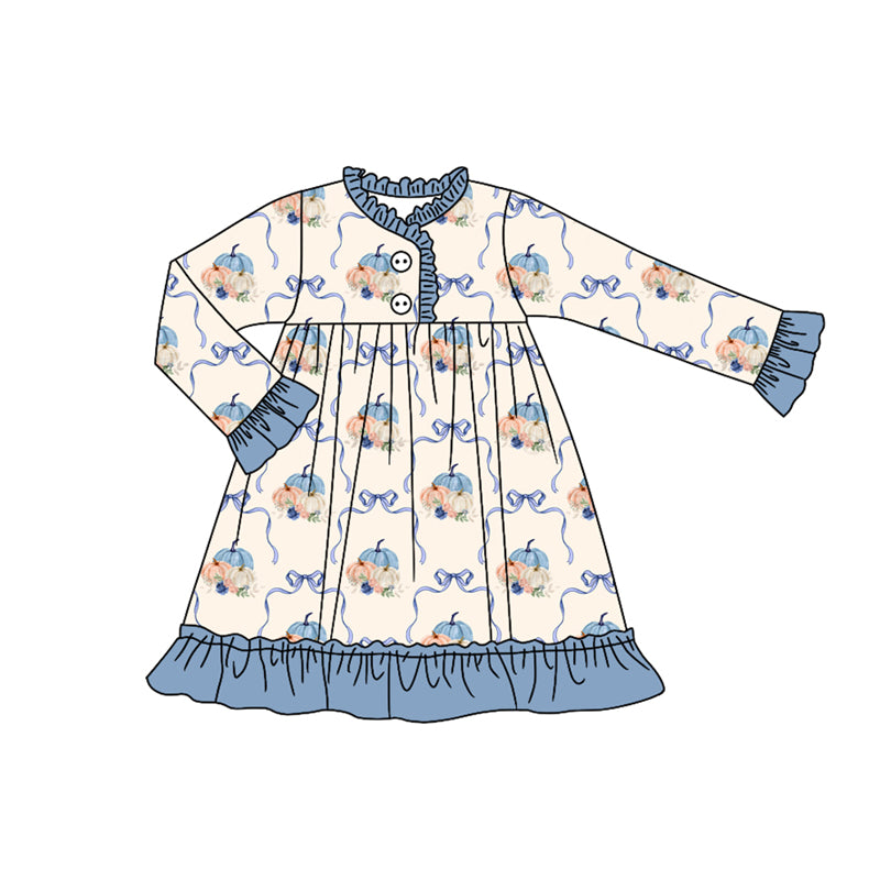Preorder (moq 5)Baby Girls Blue Long Ruffle Sleeves Bows Pumpkins Plaid Knee Length Dresses