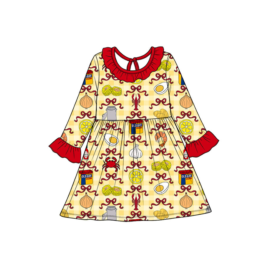 Preorder(moq5) Girls Crawfish Seafood Yellow Gingham Print Long Sleeve Ruffle Boutique Twirl Dress