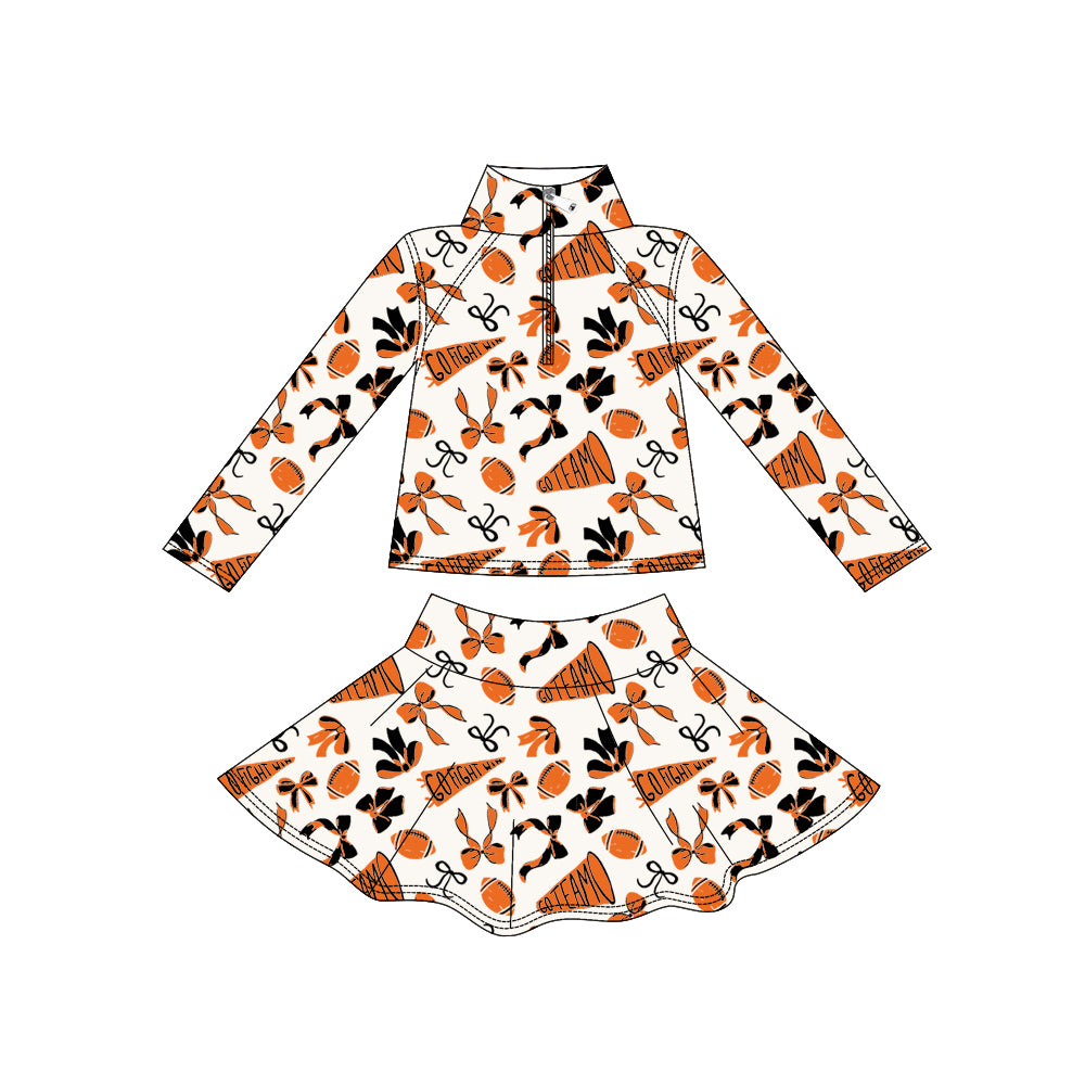 Preorder (moq 5)Baby Girls Orange Go Fight With Team Zip Pullover Skorts Yoga Clothes Sets
