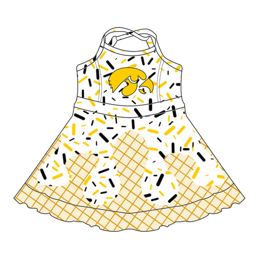 Preorder (moq 5)Baby Girls Strap Yellow Eagle Drip Shorts Ruffle Team Knee Length Dresses