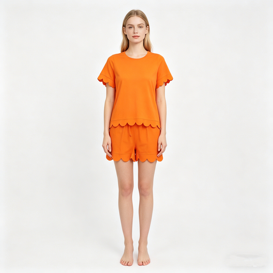 Adult Women Orange Shorts Sleeve Top Pockets Short Cotton Scallop Clothes Sets