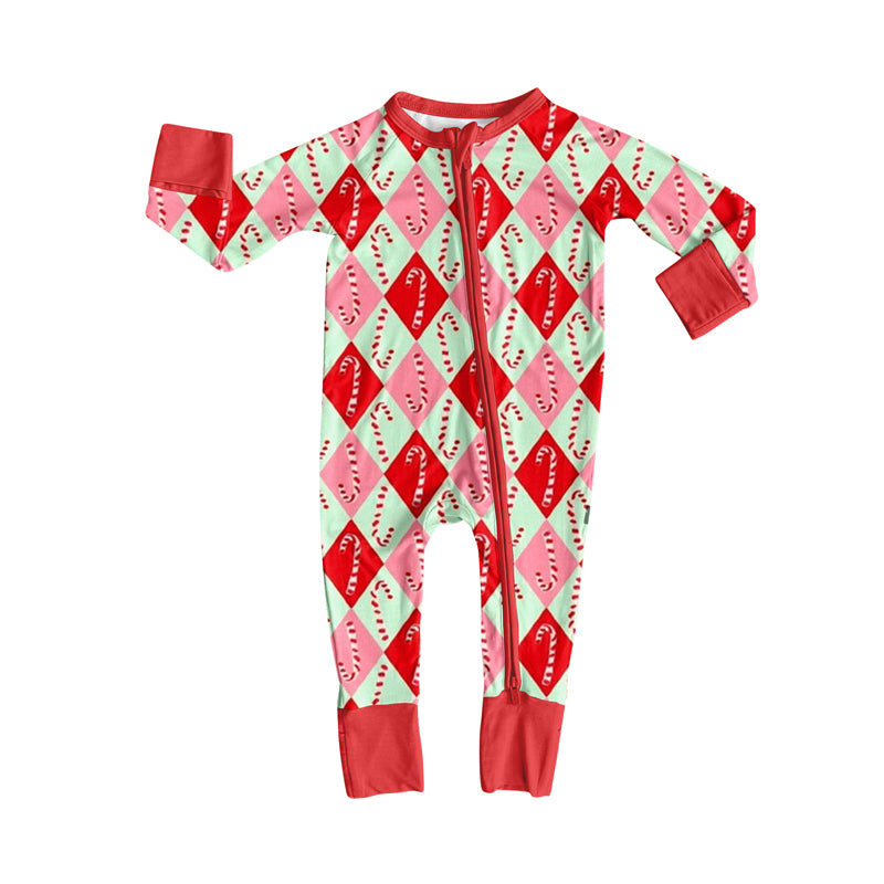 Preorder (moq 5)Baby Girls Long Sleeves Red Green Plaid Candy Cane Zipper Pant Romper