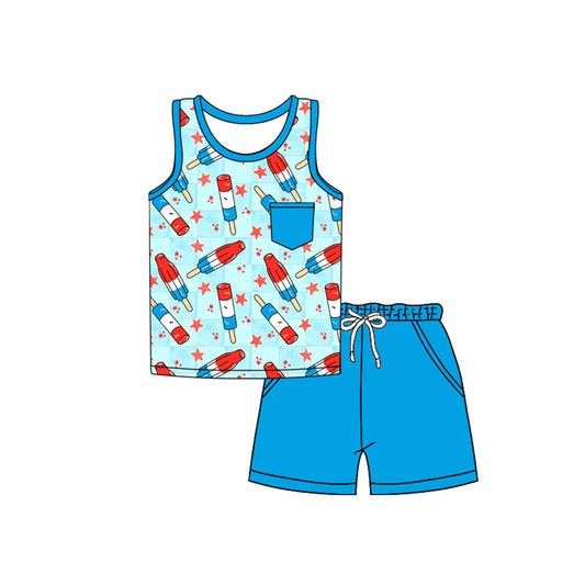 Preorder moq 5 Baby Boys Blue Sleeveless Popsicle Stars Pocket Top Short 4th Of July Set