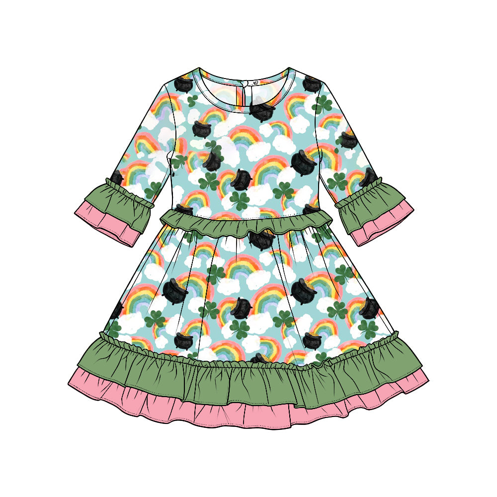 Preorder moq5  Girls’ St. Patrick’s Day Ruffle Long-Sleeve Dress, Four-Leaf Clover & Pot of Gold Print Kids’ Holiday Dress