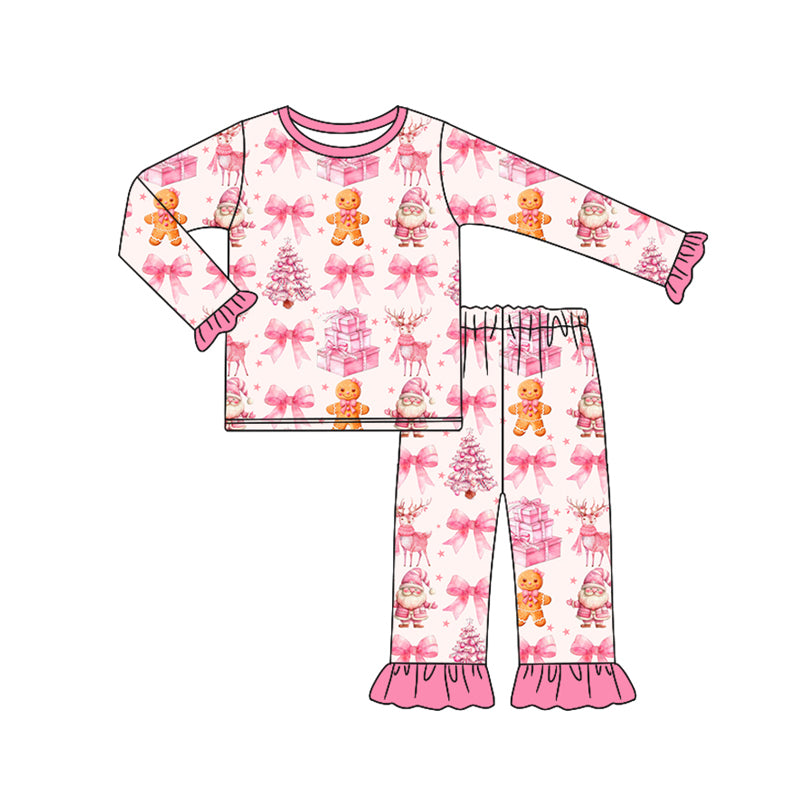 Preorder (moq 5)Baby Girls Long Sleeves Pink Bows Gingerbread Top Ruffle Pant Pajamas Clothes Set