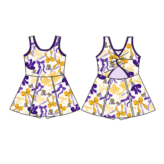 Preorder (moq 5)Baby Girls Purple Yellow Bows LSU Tiger Shorts Team Knee Length Dresses