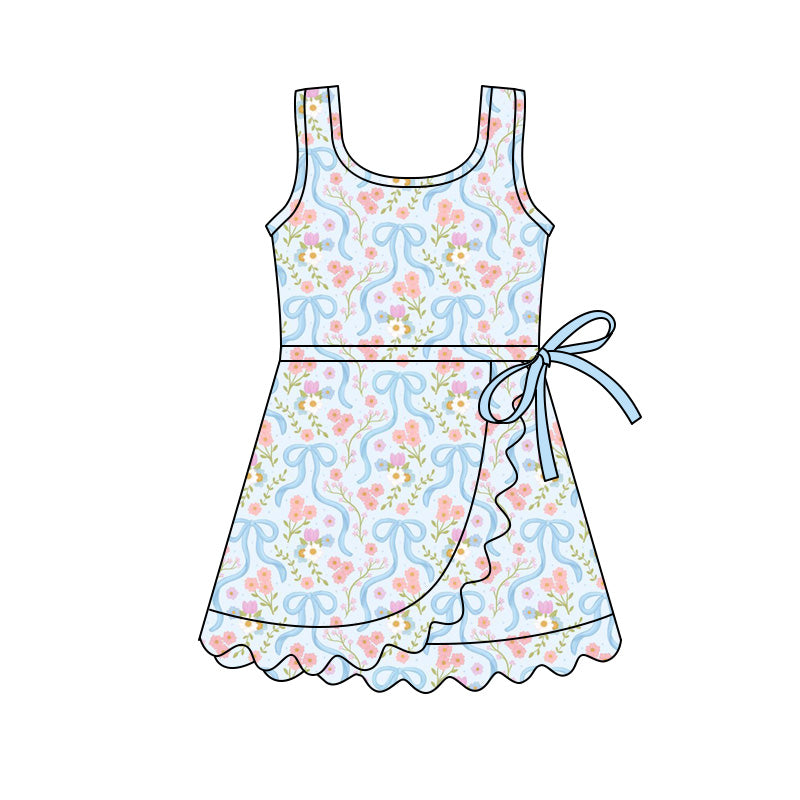 Preorder (moq 5)Baby Girls Blue Sleeveless Bow Flowers Scallop Short Knee Length Dresses