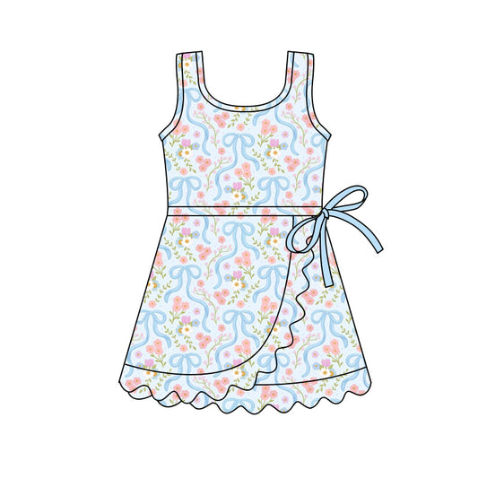 Preorder (moq 5)Baby Girls Blue Sleeveless Bow Flowers Scallop Short Knee Length Dresses