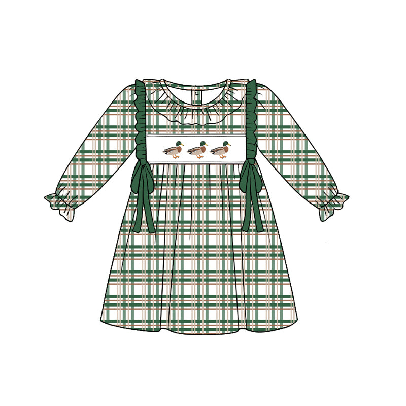 Preorder (moq 5)Baby Girls Green Checked Ducks Hunting Knee Length Dresses