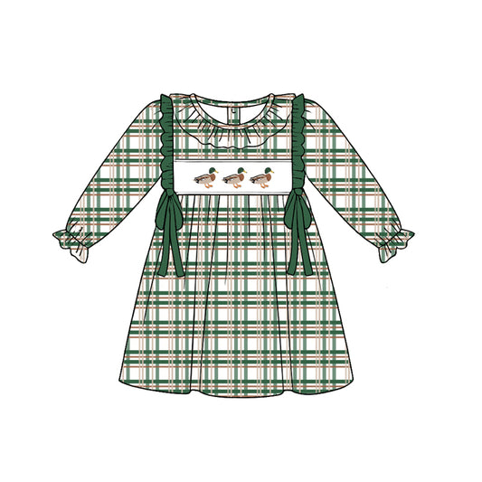 Preorder (moq 5)Baby Girls Green Checked Ducks Hunting Knee Length Dresses