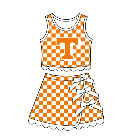 Preorder moq 5 Baby Girls Orange Checked Tennessee Top Bows Skirt Short Scallop Clothes Set