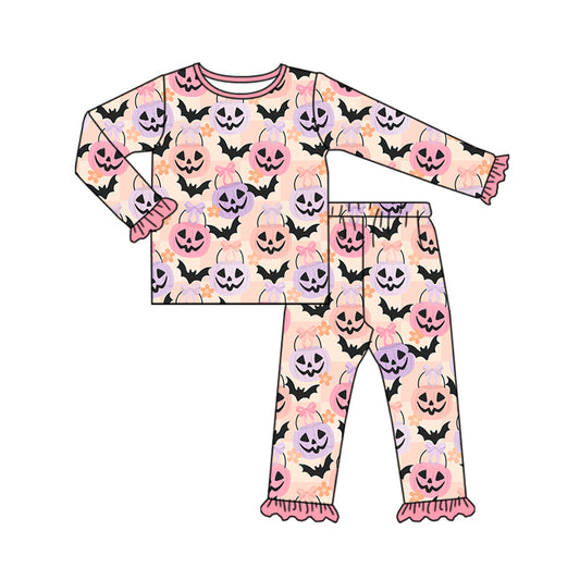 Preorder (moq 5)Baby Girls Pink Plaid Long Ruffle Sleeves Ghost Pumpkins Top Pant Pajamas Sets