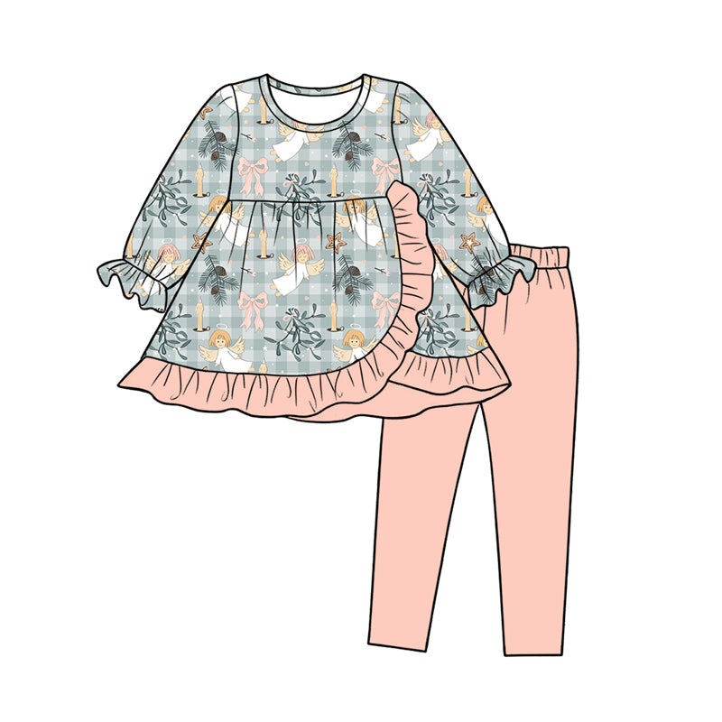 Preorder(moq 5) Baby Girls Flowers Angles Ruffle Tunic Leggings Pant Clothes Sets