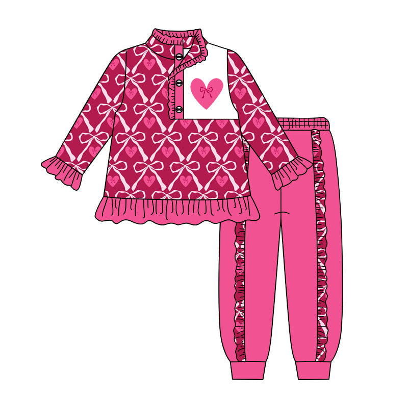 Preorder (moq 5) Baby Girl Clothes Pink Bow Heart Diamond Allover Print Long Sleeve Ruffle Pant Set