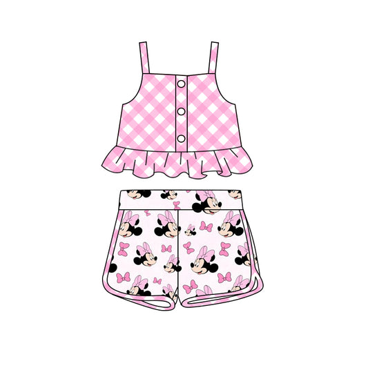 Preorder (moq 5)Baby Girls Pink Checkered Straps Top Cartoon Mouse Shorts Clothes Sets